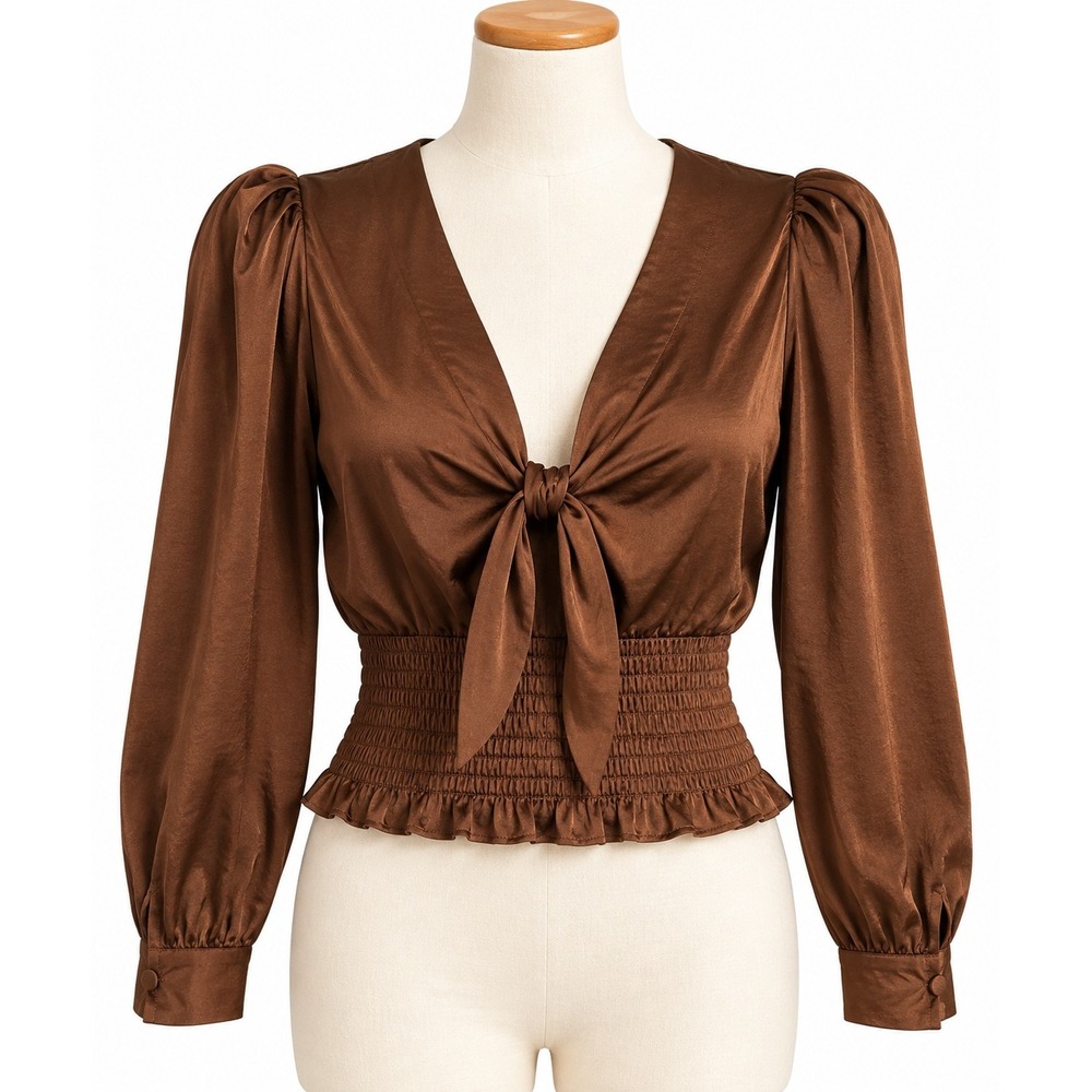 Express Women Brown Satin Tie Front Puff Sleeve Smocked Waist Blouse Size S